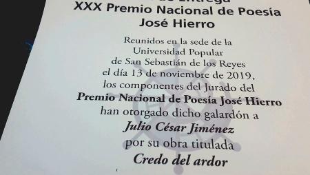 Imagen Julio César Jiménez gana el XXX Premio Nacional de Poesía José Hierro