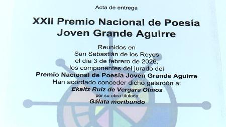 Imagen Ekaitz Ruiz de Vergara, Premio Nacional de Poesía Joven Grande Aguirre 2026